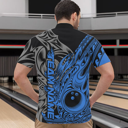 Custom Black And Blue Flame Tribal Polynesian Bowling Men Quarter-Zip Shirts, Bowling Team Uniform IPHW8808