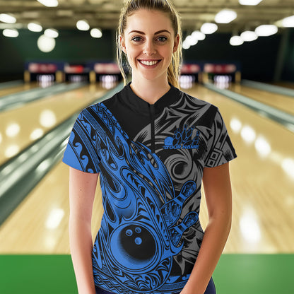 Custom Black And Blue Flame Tribal Polynesian Bowling Women Quarter-Zip Shirt, Team Uniform IPHW8808
