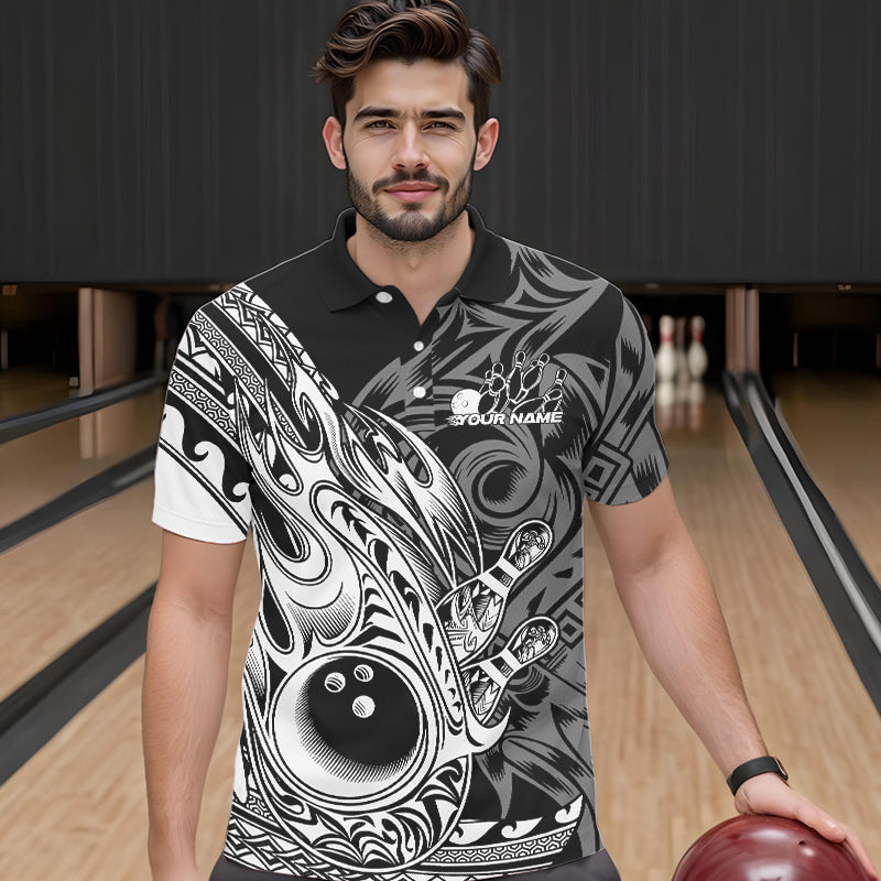 Custom Black And White Flame Tribal Polynesian Bowling Men Polo Shirts, Bowling Team Uniform IPHW8809