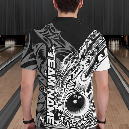 Custom Black And White Flame Tribal Polynesian Bowling Men Polo Shirts, Bowling Team Uniform IPHW8809