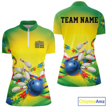 Load image into Gallery viewer, Custom Autism Awareness Bowling Women Quarter-Zip Shirt, Puzzles Ribbon Bowler Outfits IPHW11211