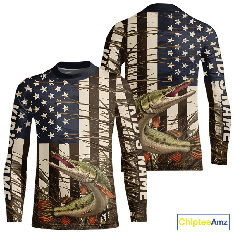 Custom Patriotic Vintage US Flag Alligator Gar Kid Long Sleeve Tournament Fishing Shirts IPHW9297
