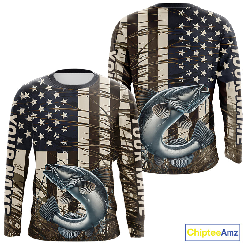 Custom Patriotic Vintage US Flag Catfish Long Sleeve Tournament Fishing Shirts IPHW9298