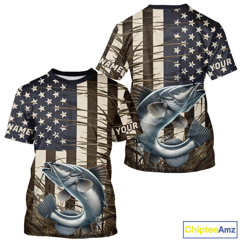 Custom Patriotic Vintage US Flag Catfish Tournament Fishing T-Shirts IPHW9298