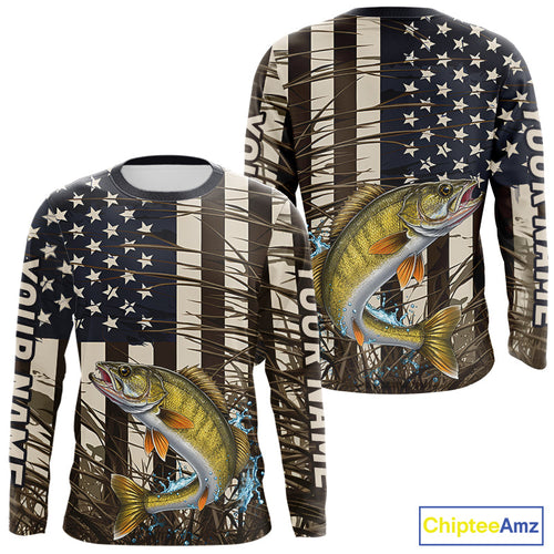 Custom Patriotic Vintage US Flag Walleye Long Sleeve Tournament Fishing Shirts IPHW9299