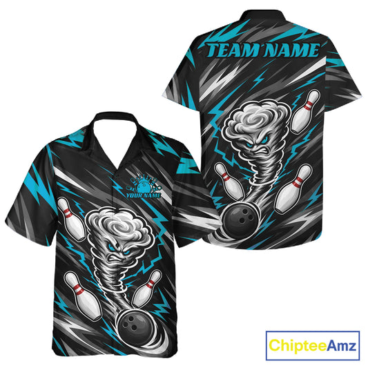Custom Turquoise Blue Storm Thunnder Lightning Bolts Bowling Team Men And Women Button Up Shirt IPHW11806