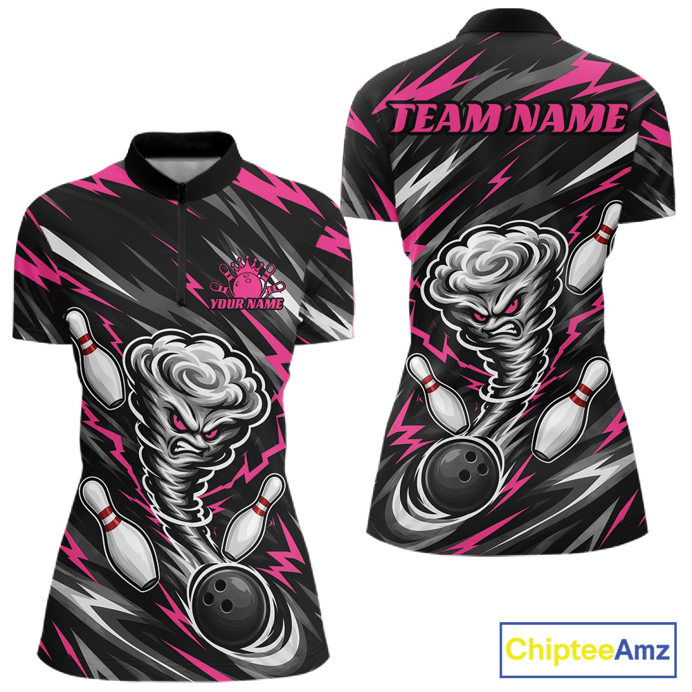 Custom Black And Pink Storm Thunnder Lightning Bolts Bowling Women Quarter-Zip Shirt IPHW11808