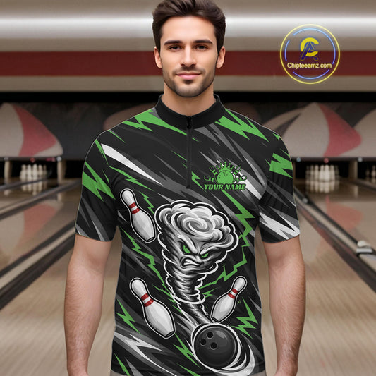 Custom Black And Green Storm Thunnder Lightning Bolts Bowling Team Men Quarter Zip Shirt IPHW11809
