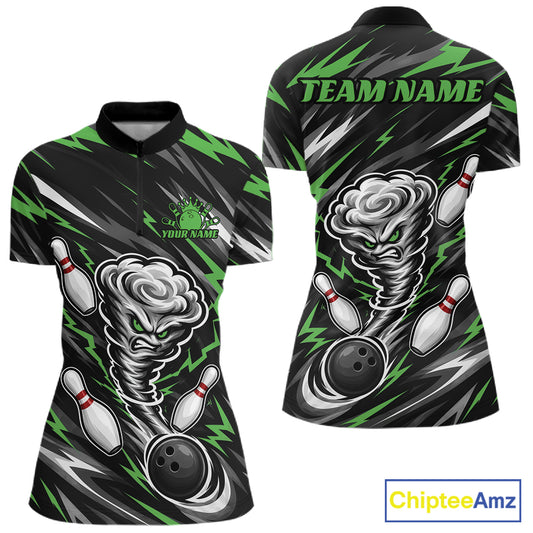 Custom Black And Green Storm Thunnder Lightning Bolts Bowling Women Quarter-Zip Shirt IPHW11809