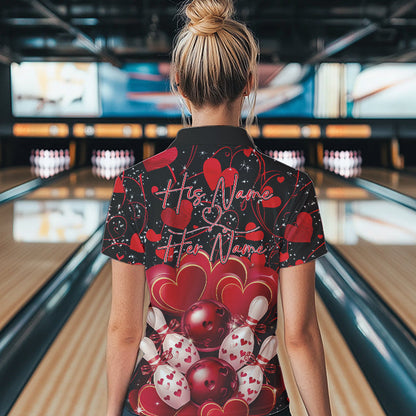 Black And Red Custom Valentines Day Bowling Polo Shirts For Women, Bowling Couple Shirt IPHW8327