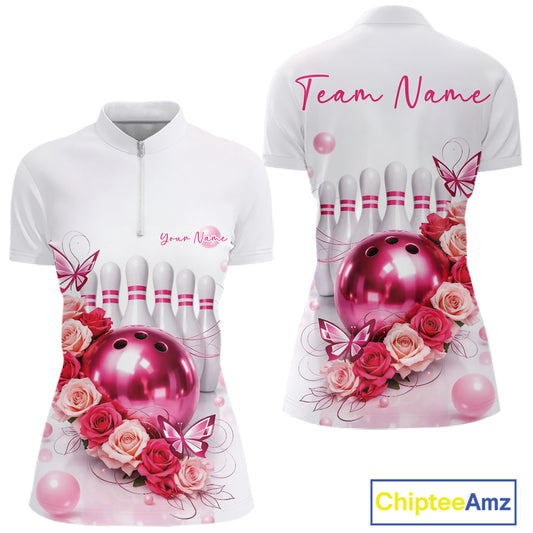 Custom Red And Pink Roses With Butterfly Bowling Women Quarter-Zip Shirt, Ladies Outfit IPHW10892