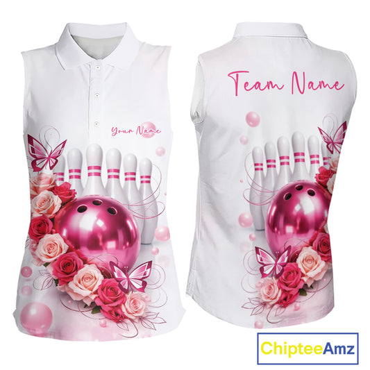 Custom Red And Pink Roses With Butterfly Bowling Sleeveless Polo Shirt For Women, Ladies Outfit IPHW10892