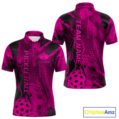 Black And Pink Flame Custom Pickleball Polo Shirts For Men, Team Pickleball Jerseys IPHW9301