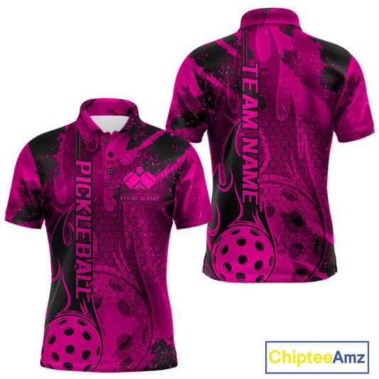 Black And Pink Flame Custom Pickleball Polo Shirts For Men, Team Pickleball Jerseys IPHW9301