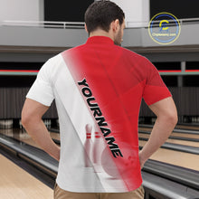 Load image into Gallery viewer, Front view male model in a bowling lane wearing a quarter zip shirt with bowling ball and pins incorporated into a red and white diagonal layout.