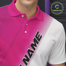 Load image into Gallery viewer, Left chest close up of a bowling polo shirt featuring bowling ball and pins graphics within a pink and white diagonal layout.