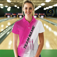 Load image into Gallery viewer, Female model front view at the bowling lane wearing a bowling polo shirt with bowling ball and pins across a pink and white diagonal layout.