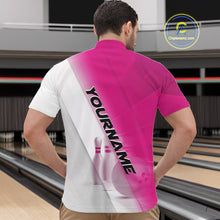 Load image into Gallery viewer, Male model front view at the bowling lane wearing a bowling quarter zip shirt with bowling ball and pins across a pink and white diagonal layout.