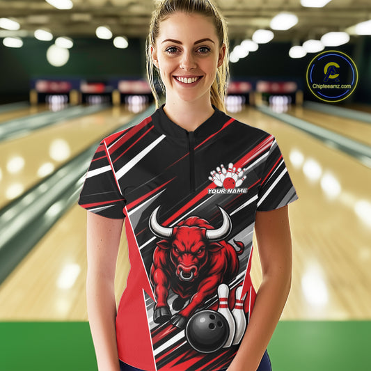 Custom Black And Red Bull Bowling Team Women Quarter-Zip Shirt, Bull Bowling Jerseys IPHW11814