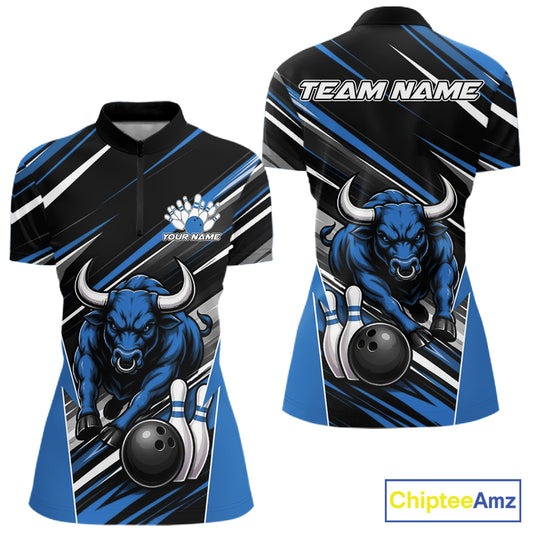 Custom Black And Blue Bull Bowling Team Women Quarter-Zip Shirt, Bull Bowling Jerseys IPHW11815