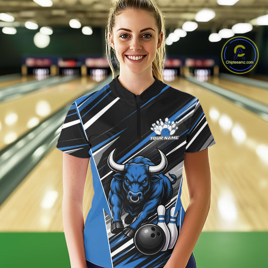 Custom Black And Blue Bull Bowling Team Women Quarter-Zip Shirt, Bull Bowling Jerseys IPHW11815