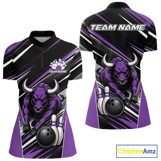 Custom Black And Purple Bull Bowling Team Women Quarter-Zip Shirt, Bull Bowling Jerseys IPHW11816