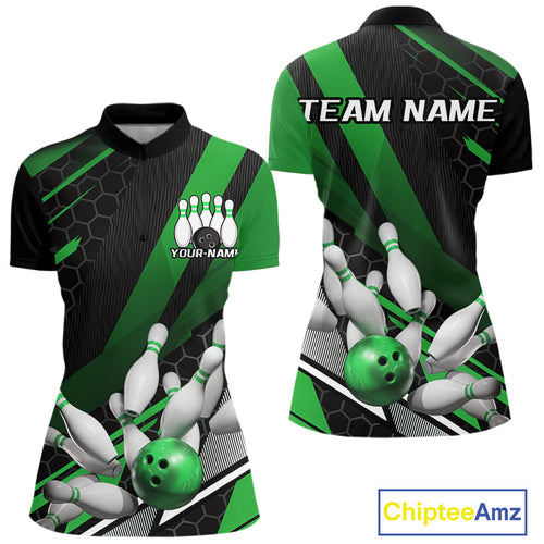 Custom Green Bowling Team Jerseys, Striking Bowling League Quarter-Zip Shirt For Women IPHW9808