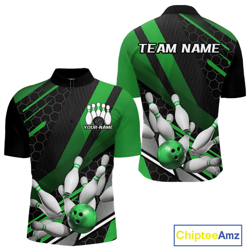 Custom Black And Green Bowling Team Jerseys, Striking Bowling League Quarter-Zip Shirt For Men IPHW9808