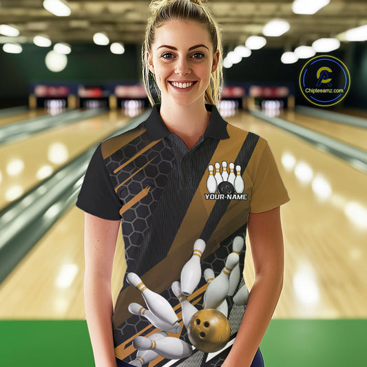 Custom Black And Yellow Bowling Team Jersey, Striking Bowling League Polo Shirt For Women IPHW9809