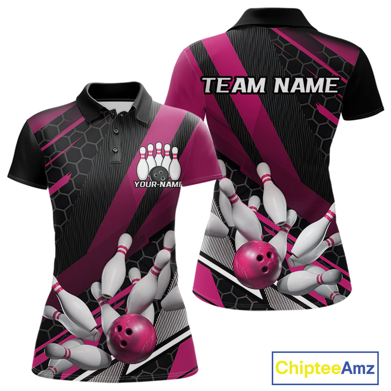Custom Black And Pink Bowling Team Jerseys, Striking Bowling League Polo Shirt For Women IPHW9810