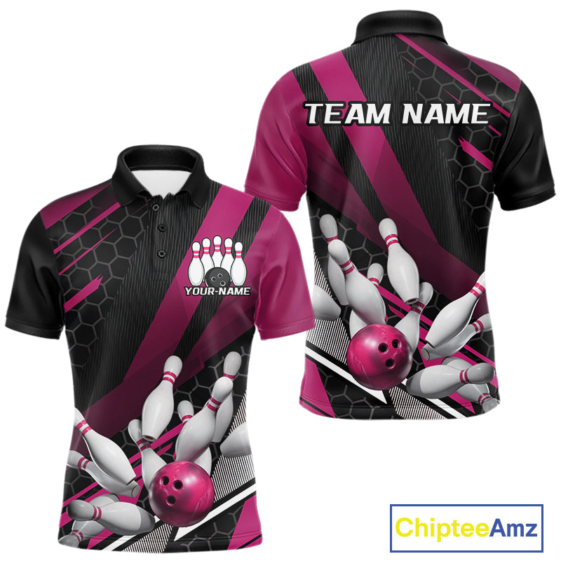 Custom Black And Pink Bowling Team Jerseys, Striking Bowling League Polo Shirt For Men IPHW9810