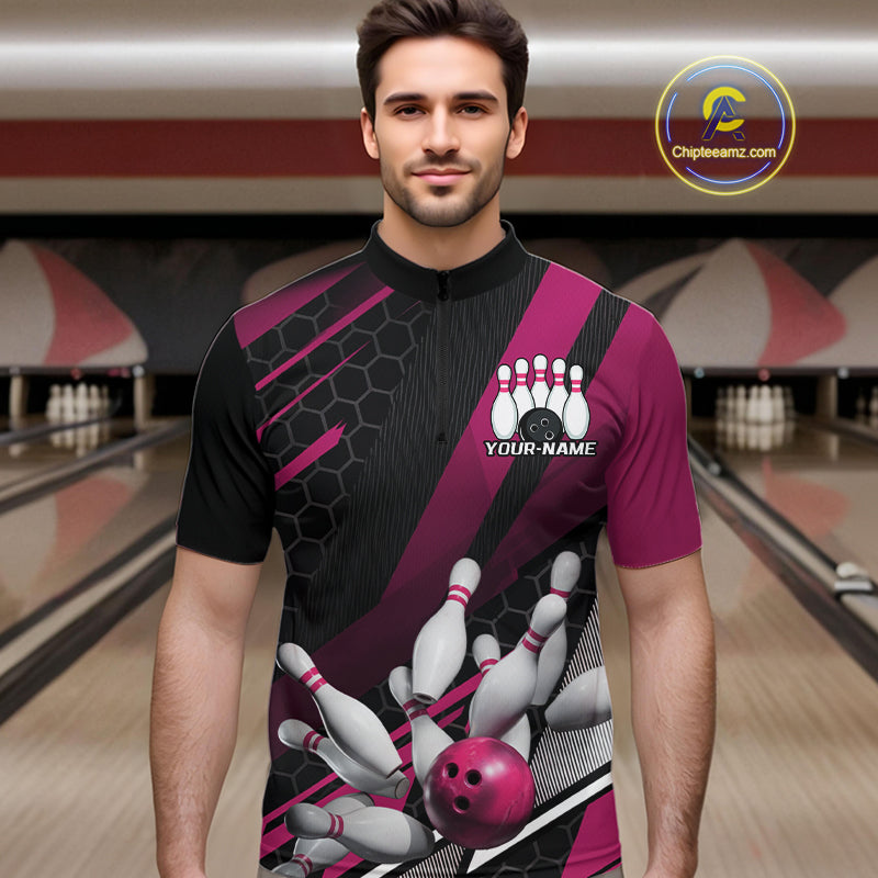 Custom Black And Pink Bowling Team Jerseys, Striking Bowling League Quarter-Zip Shirt For Men IPHW9810
