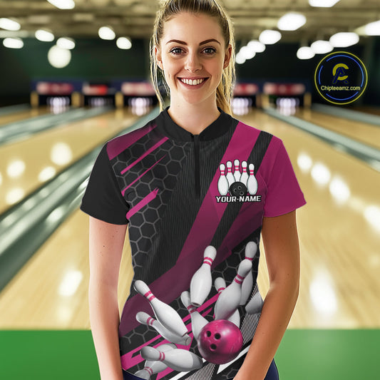 Custom Pink Bowling Team Jerseys, Striking Bowling League Quarter-Zip Shirt For Women IPHW9810