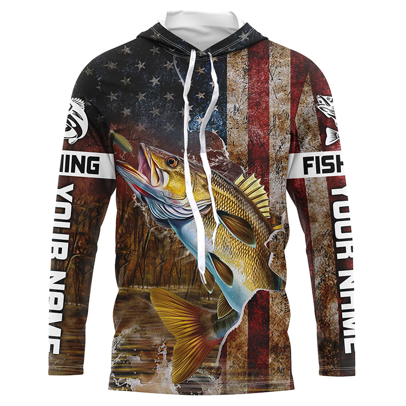 Personalized American Flag Walleye Fishing Shirts,Vintage Patriotic Walleye Fishing Apparel IPHW5734
