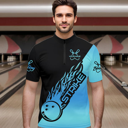 Black And Blue Custom Strike Bowling Quarter-Zip Shirts For Men, Bowling Team Shirt Bowler Outfit IPHW8822