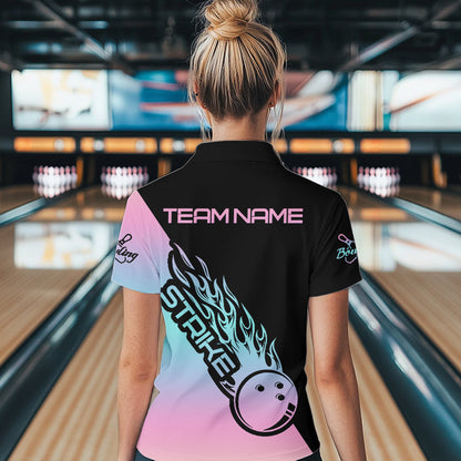 Blue And Pink Custom Strike Bowling Quarter-Zip Shirt For Women, Bowling Team Bowler Outfit IPHW8823