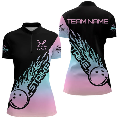 Blue And Pink Custom Strike Bowling Quarter-Zip Shirt For Women, Bowling Team Bowler Outfit IPHW8823