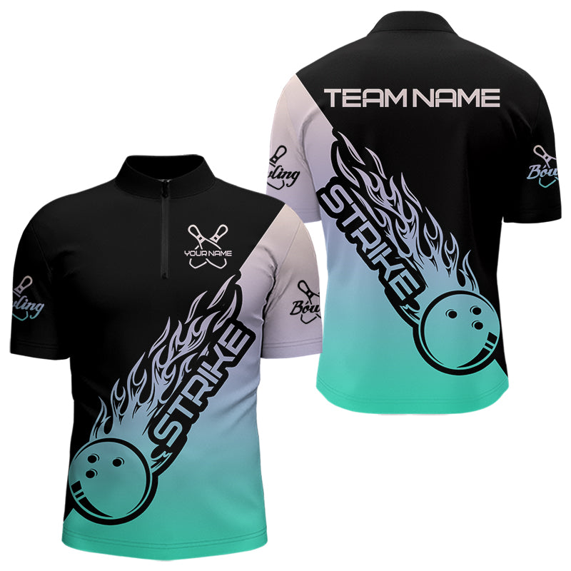 Green And Purple Custom Strike Bowling Quarter-Zip Shirts For Men, Bowling Team Shirt Bowler Outfit IPHW8824