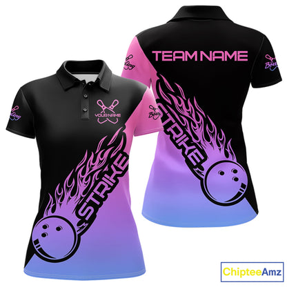 Blue, Purple And Pink Custom Strike Bowling Women Polo Shirts, Bowling Team Bowler Outfit IPHW8826