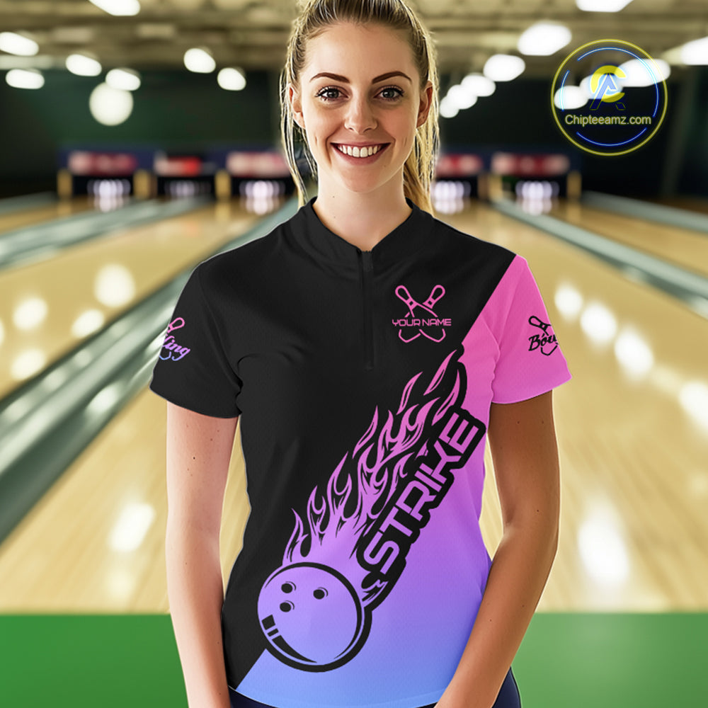 Blue, Purple And Pink Custom Strike Bowling Women Quarter-Zip Shirt, Bowling Team Outfit IPHW8826