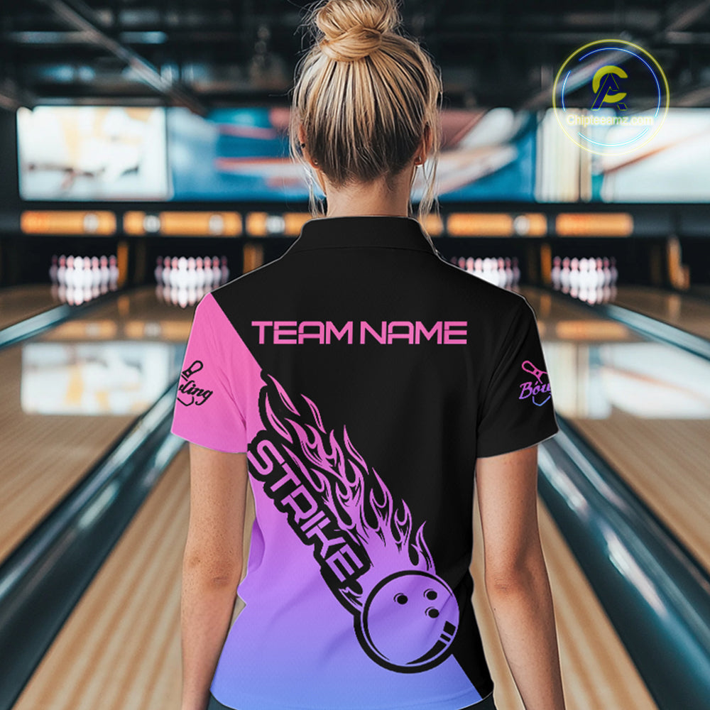 Blue, Purple And Pink Custom Strike Bowling Women Quarter-Zip Shirt, Bowling Team Outfit IPHW8826