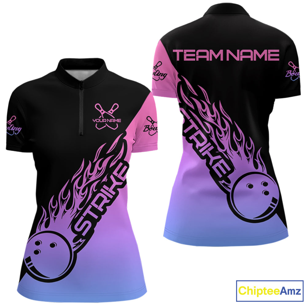 Blue, Purple And Pink Custom Strike Bowling Women Quarter-Zip Shirt, Bowling Team Outfit IPHW8826