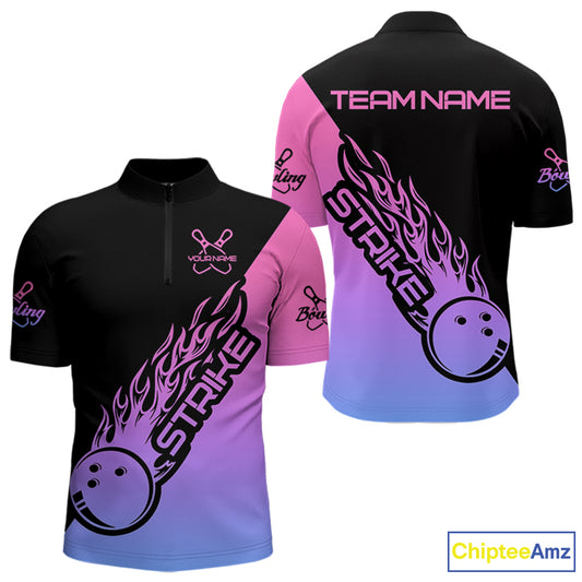 Blue, Purple And Pink Custom Strike Bowling Men Quarter-Zip Shirt, Bowling Team Shirt Bowler Outfit IPHW8826