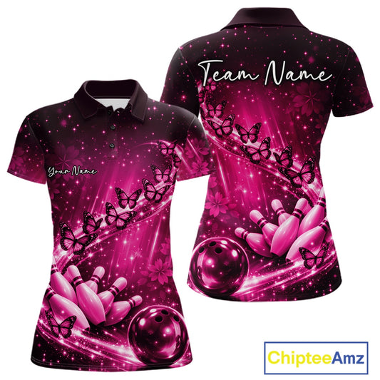 Custom Pink Butterfly Bowling Women Polo Team Shirt, Ladies Bowling League Shirt IPHW10901