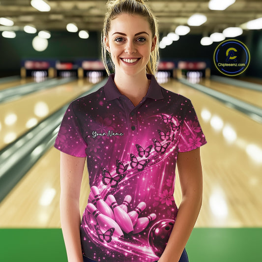 Custom Pink Butterfly Bowling Women Polo Team Shirt, Ladies Bowling League Shirt IPHW10901