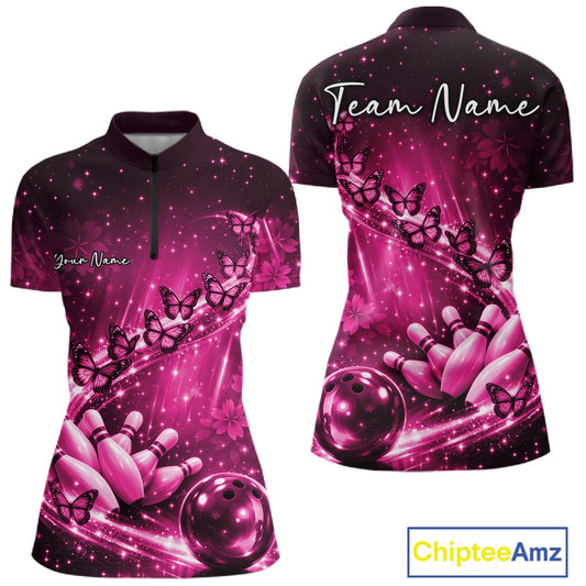 Custom Pink Butterfly Bowling Women Quarter-Zip Team Shirt, Ladies Bowling League Shirt IPHW10901