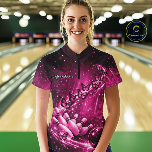 Custom Pink Butterfly Bowling Women Quarter-Zip Team Shirt, Ladies Bowling League Shirt IPHW10901