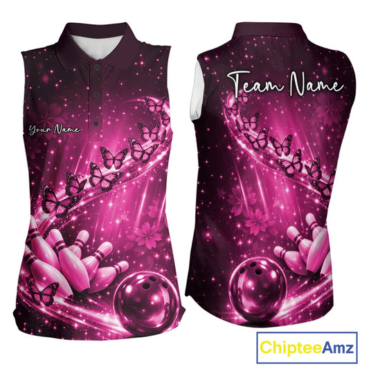 Custom Pink Butterfly Bowling Women Sleeveless Polo Team Shirt, Ladies Bowling League Shirt IPHW10901