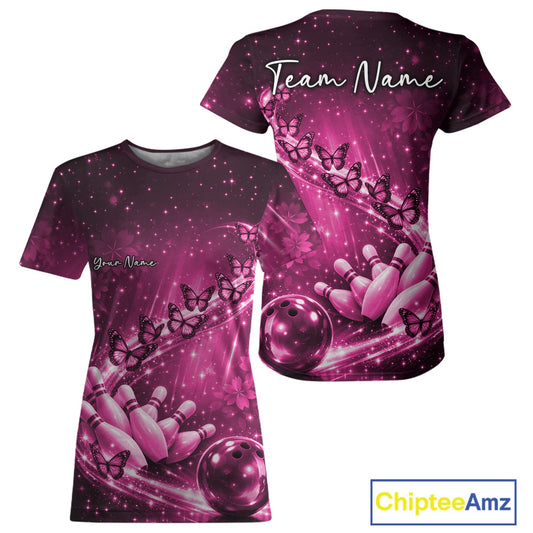 Custom Pink Butterfly Bowling Women T-Shirts Team, Ladies Bowling League IPHW10901