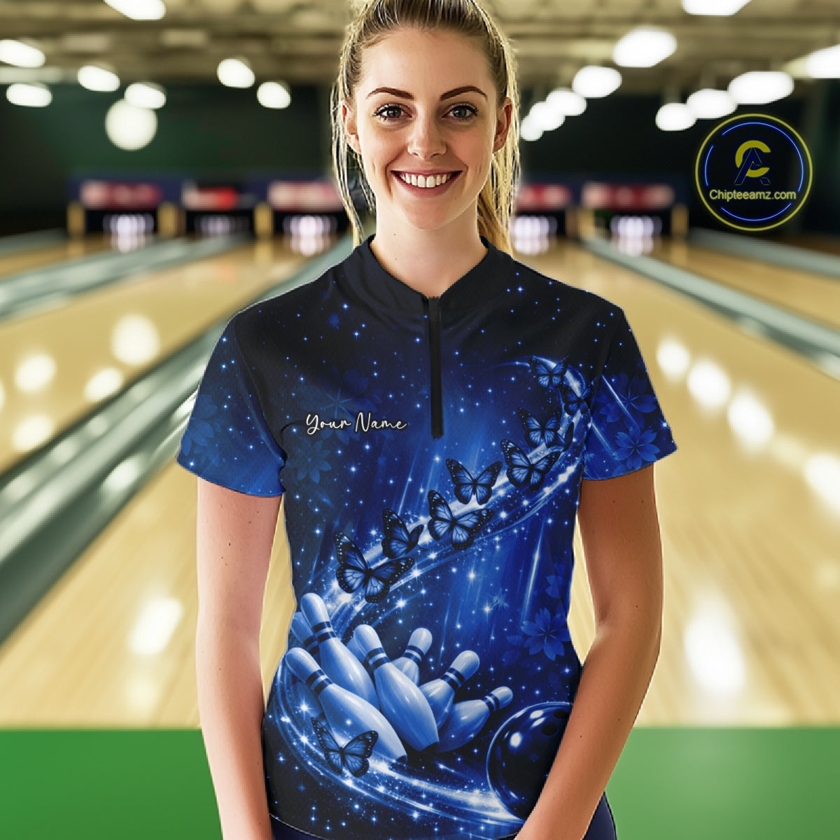 Custom Blue Butterfly Bowling Women Quarter-Zip Team Shirt, Ladies Bowling League Shirt IPHW10902